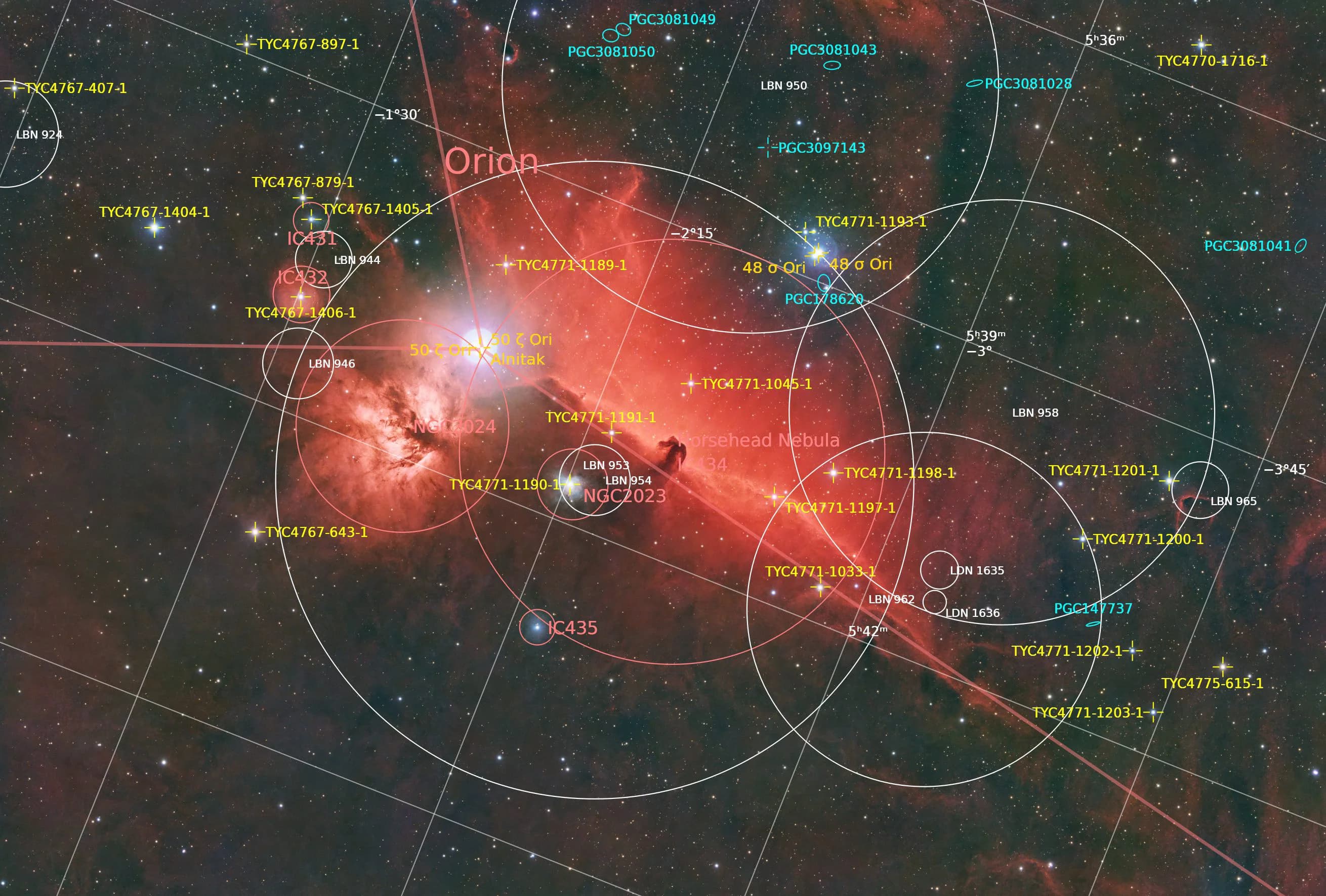 Annotated plate solve of the Horsehead B33 and Flame Nebula NGC 2024 region Annotated