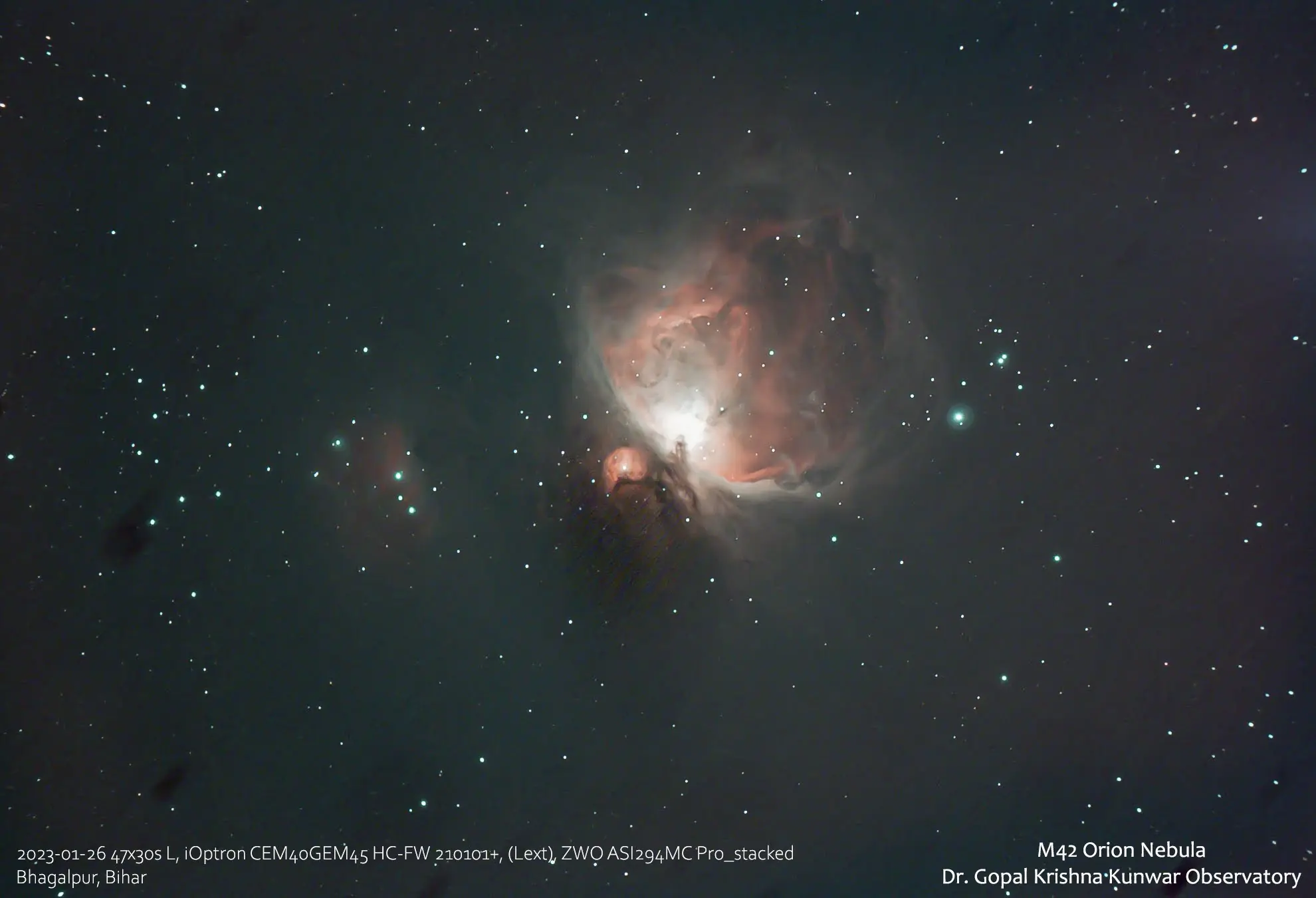 Early capture of the Orion Nebula with ASI294MC showing a dark sensor frost formation near the center