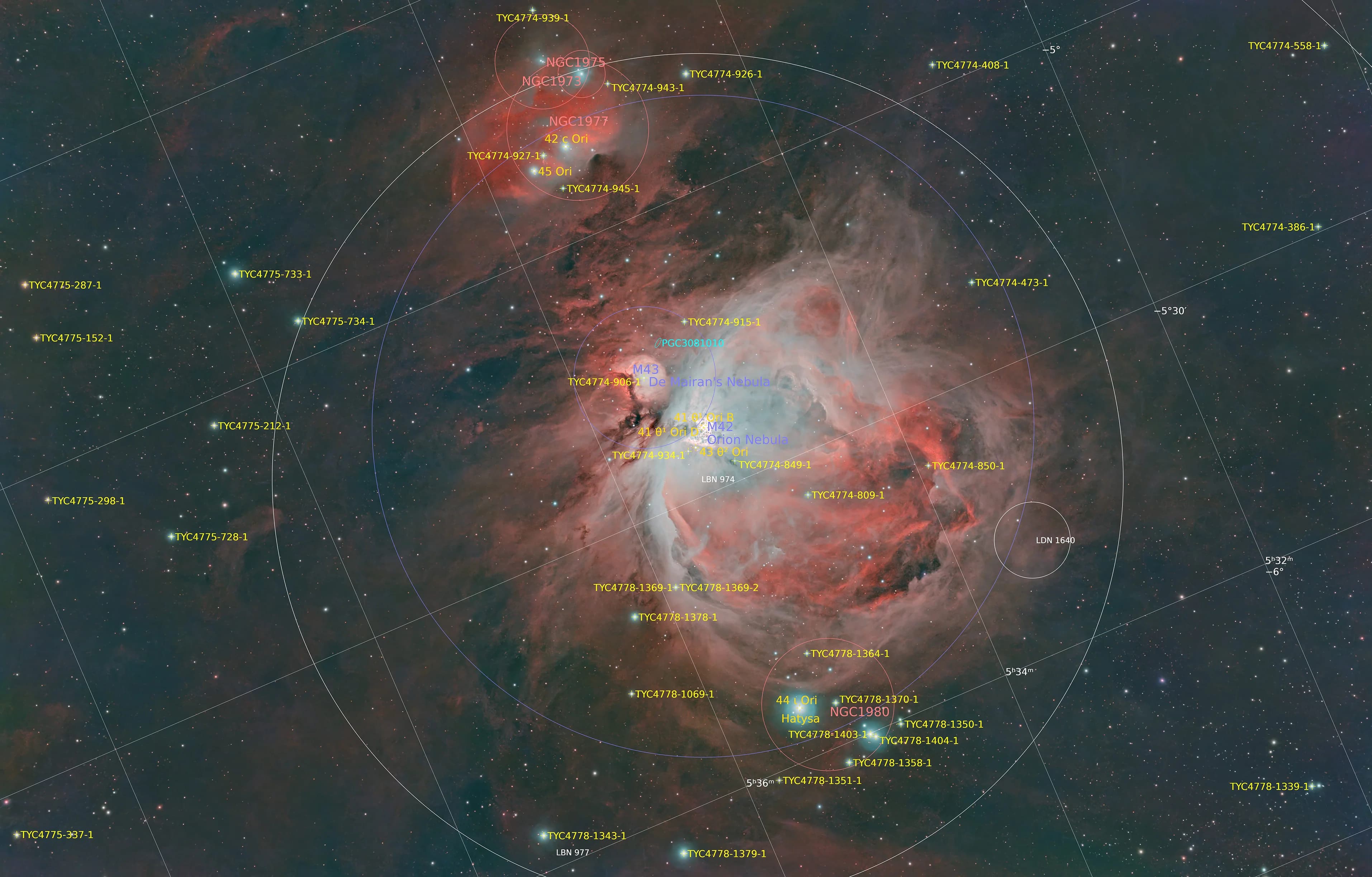 Annotated plate solve of the Orion Nebula and surrounding regions Annotated
