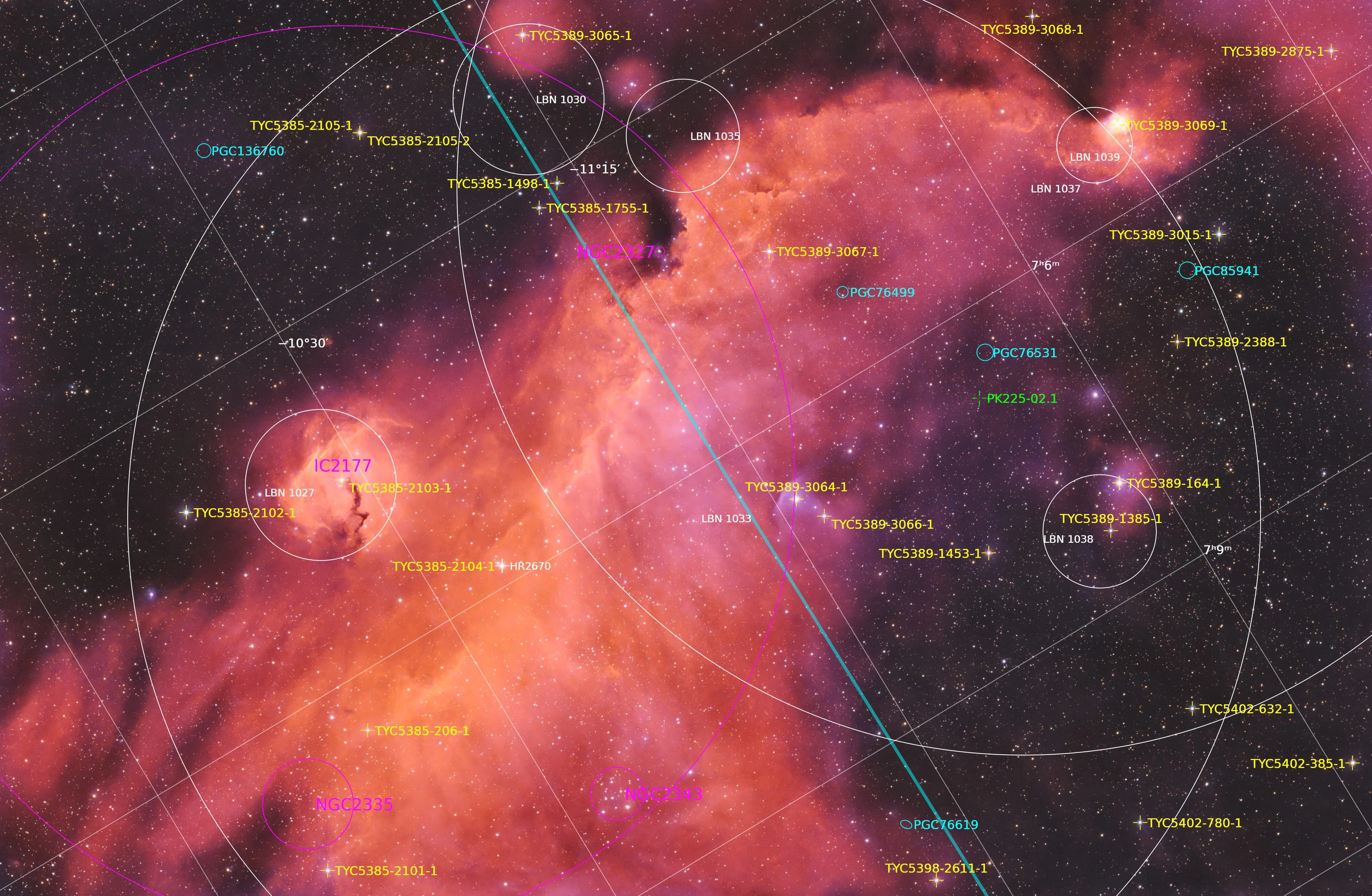 Astrometric annotated map of the Seagull Nebula region, identifying IC 2177, NGC 2327, open clusters, and the runaway star FN Canis Majoris bow shock. Annotated