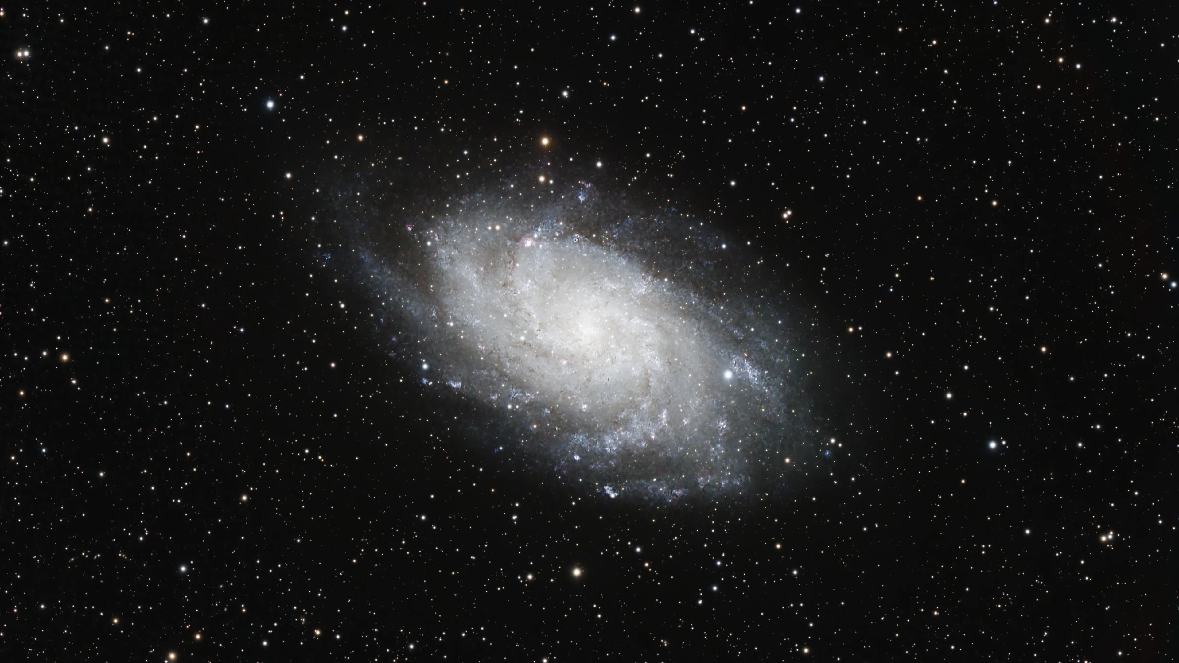 The Triangulum Galaxy (M33) face-on spiral galaxy showing bright blue star clusters and red HII star-forming regions.