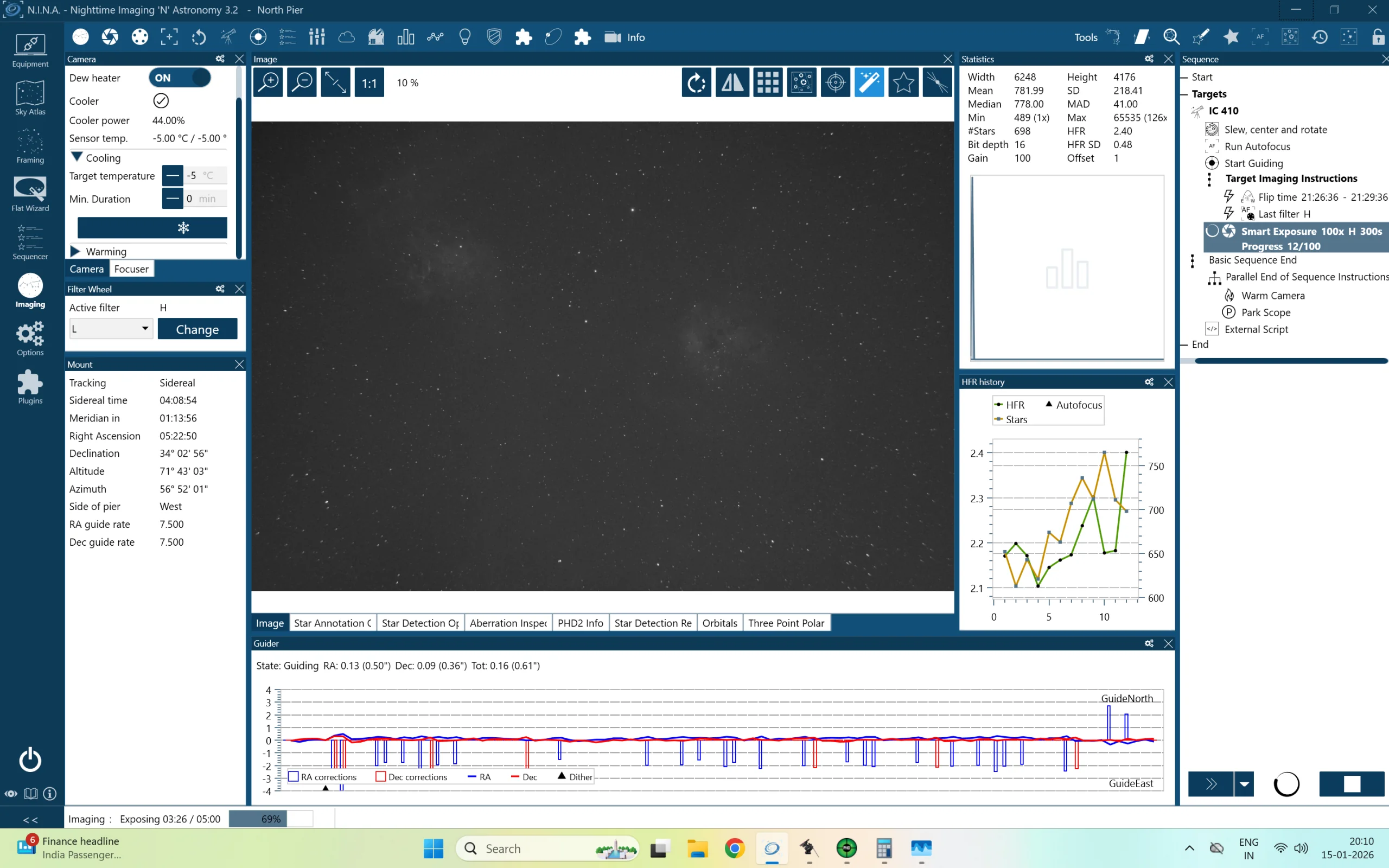 NINA imaging sequence and PHD2 guiding graph running side by side at the Bhagalpur observatory