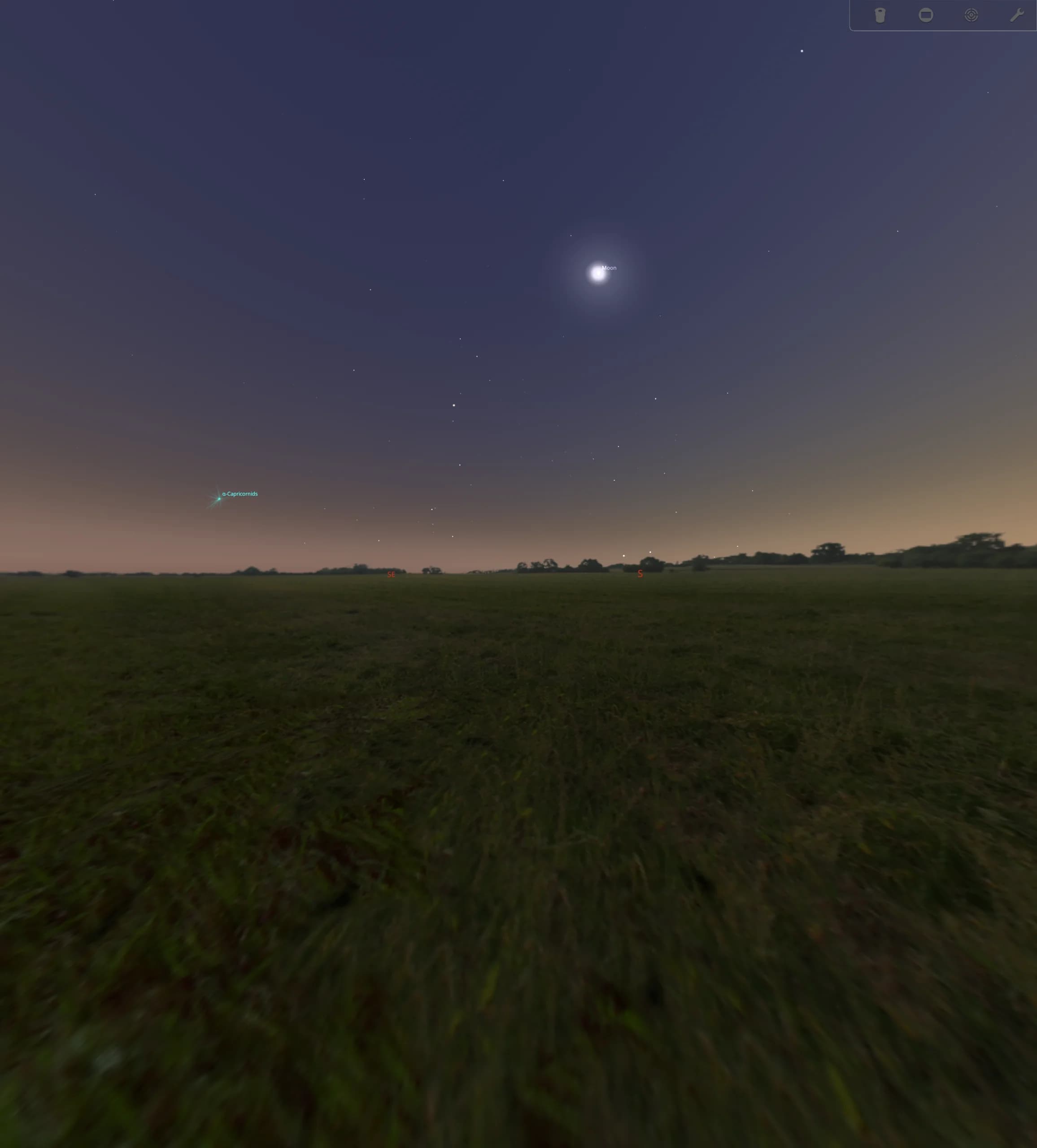 Stellarium simulation showing a 180-degree astrophotography field of view of the horizon