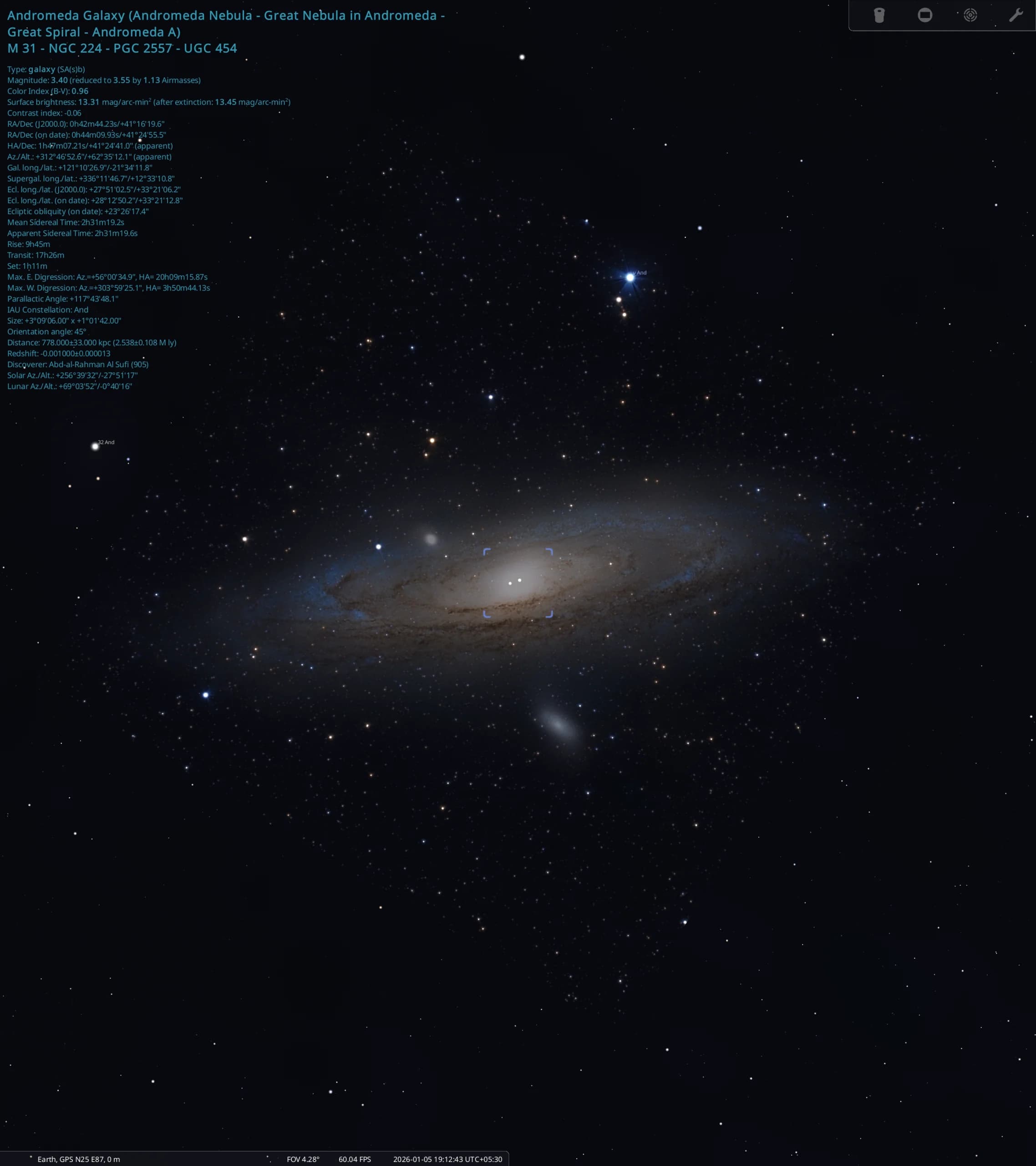 Stellarium view showing the astrophotography angular size of the Andromeda Galaxy M31