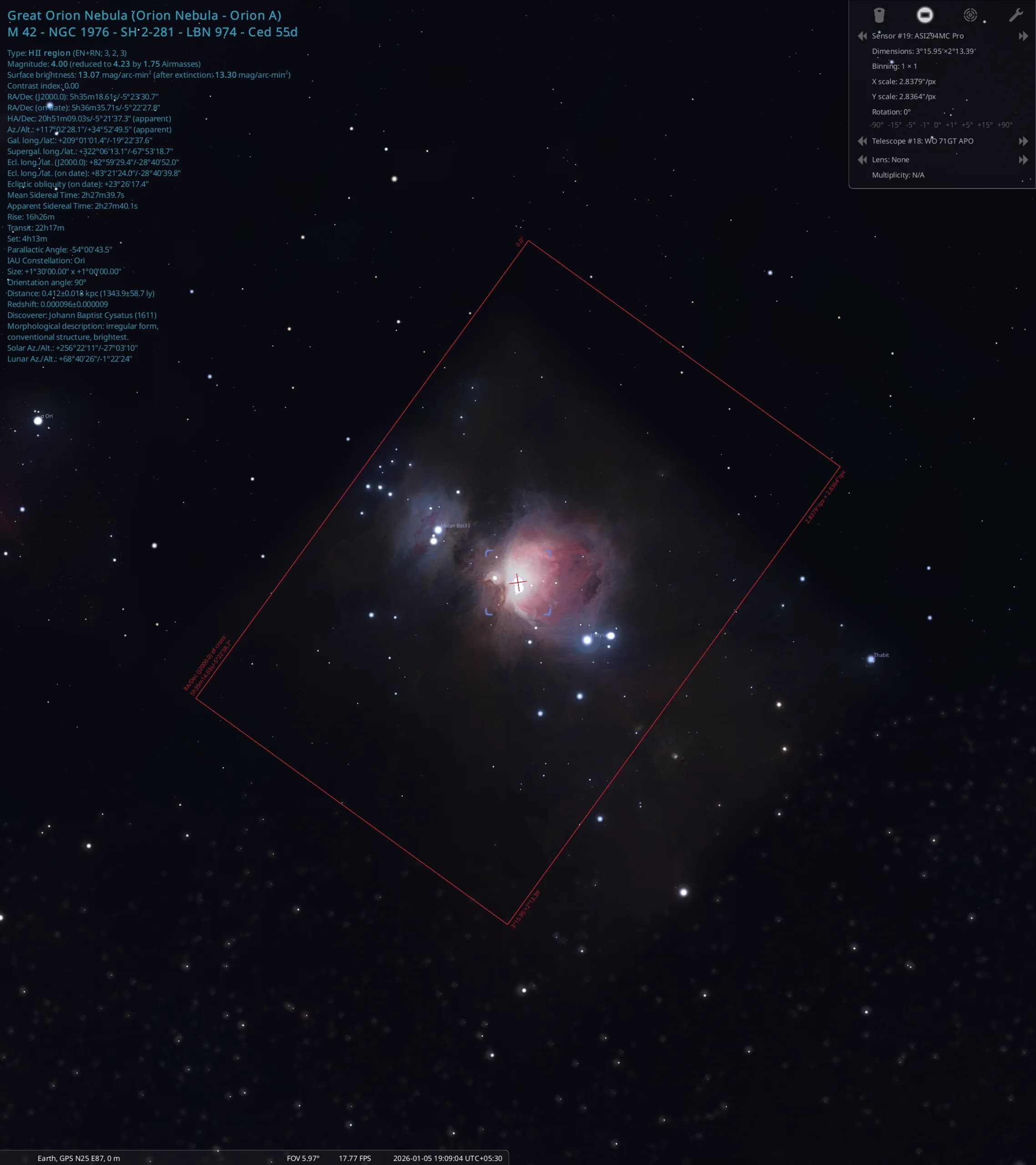 Stellarium view showing the astrophotography angular size of the Orion Nebula M42