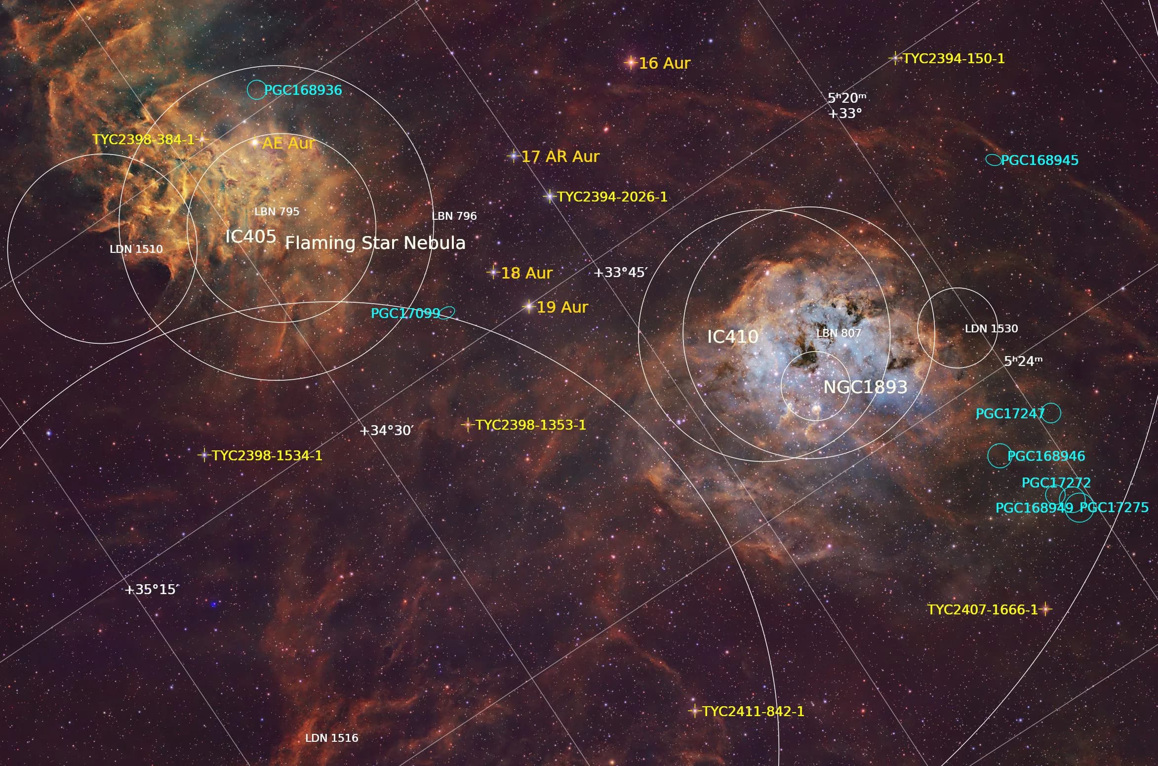 Annotated astrometry map showing the coordinates of the Flaming Star and Tadpoles nebulae Annotated