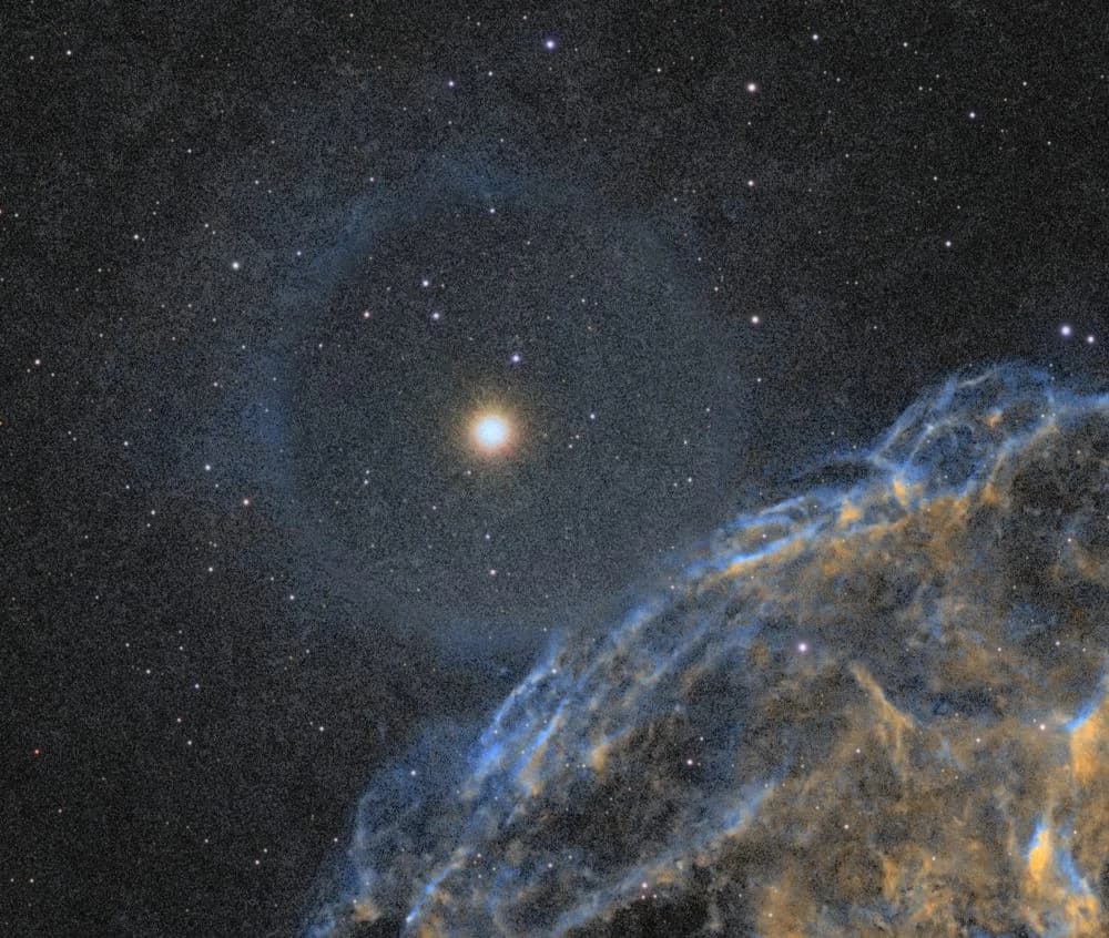 Eta Geminorum (Propus) beside the Jellyfish Nebula (IC 443), before and after removing the bluish star-removal halo ring - Before