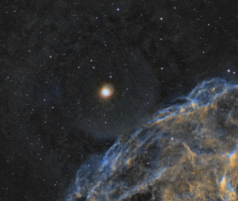 Eta Geminorum (Propus) beside the Jellyfish Nebula (IC 443), before and after removing the bluish star-removal halo ring - After