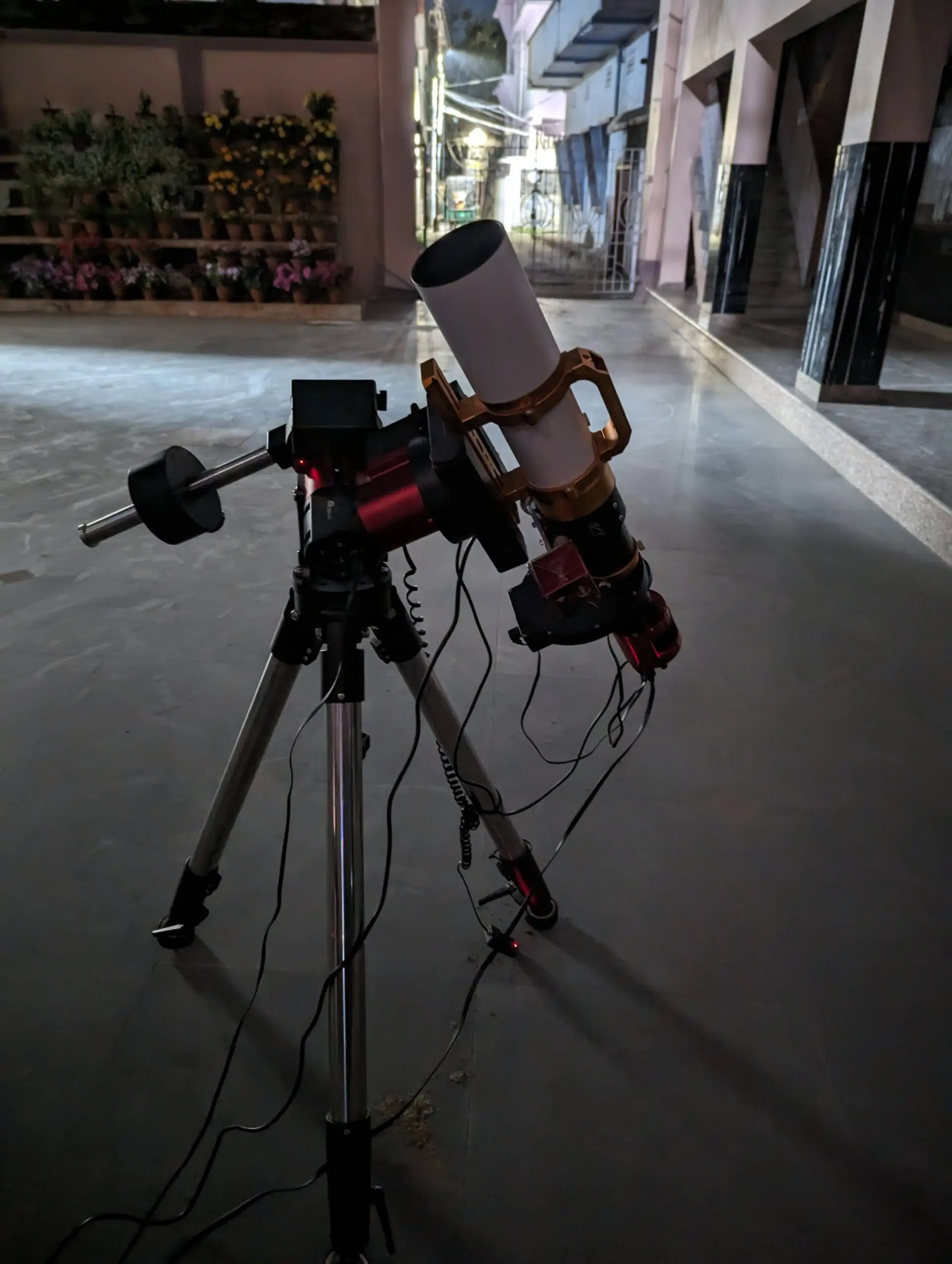 Night view of the portable astrophotography rig in operation